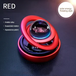 Ambientador solar rojo doble anillo giratorio con sistema planetario en esfera de cristal.