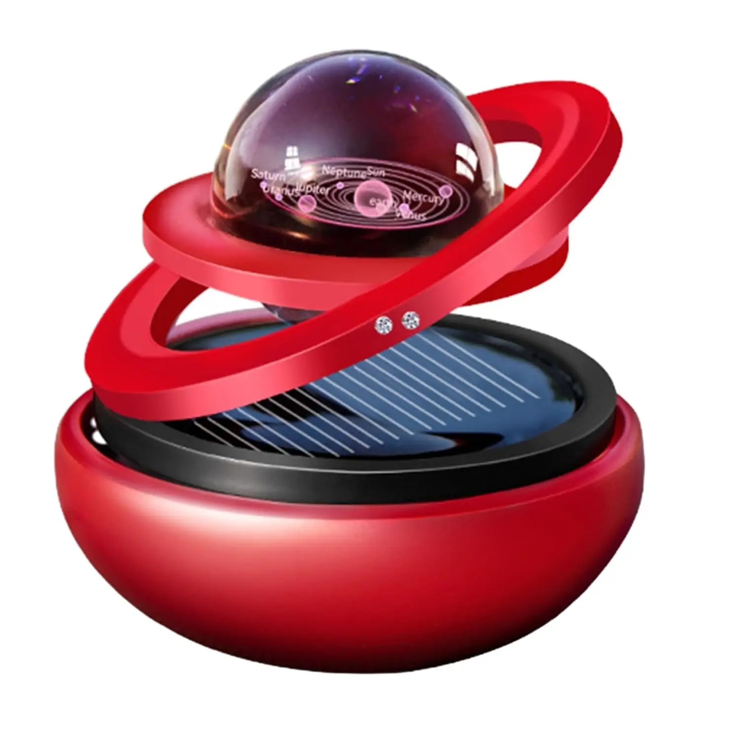 Ambientador solar doble anillo giratorio, modelo planetario con sistema solar en esfera y luces LED.