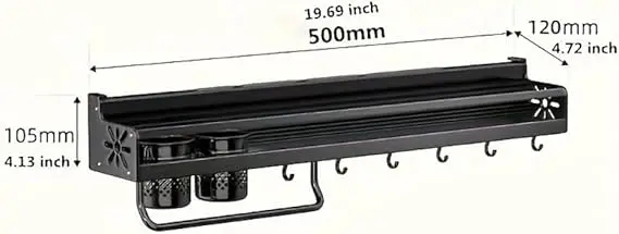 Estante organizador de cocina metálico negro con ganchos para colgar y compartimentos para cubiertos.