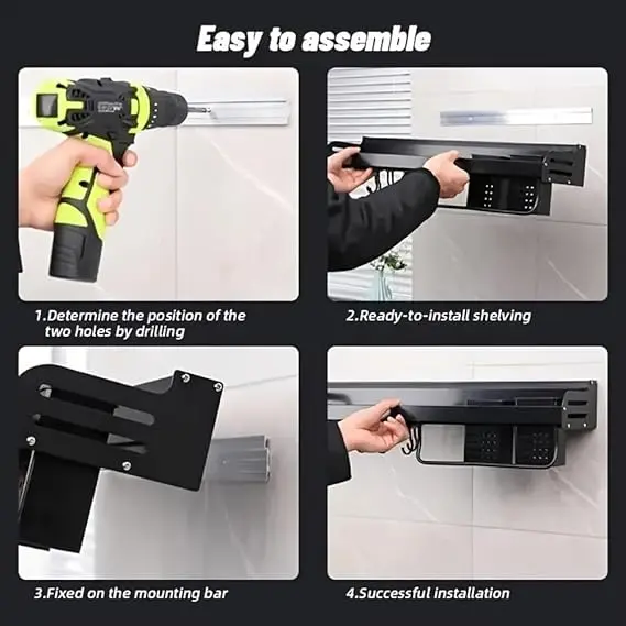 Estante organizador de cocina negro fijado a la pared con taladro, listo para instalar y con éxito.