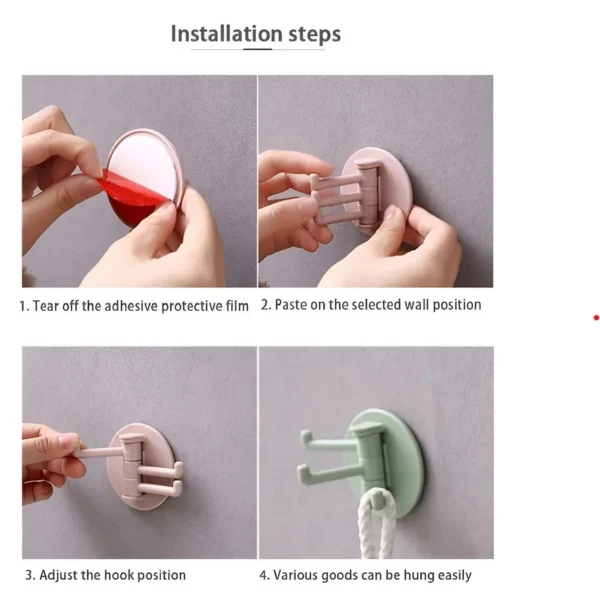 Gancho adhesivo giratorio x3 para colgar objetos fácilmente en la pared.