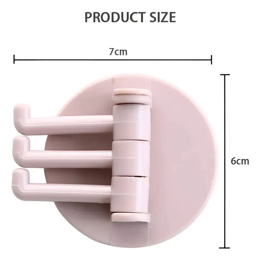 Gancho adhesivo giratorio para colgar 3 objetos, con medidas de 7x6 cm, ideal para organizar.