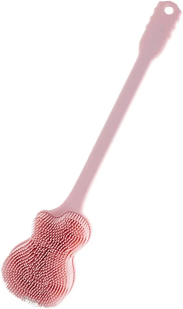 Cepillo corporal de silicona rosa con mango largo para ducha, diseño ergonómico.