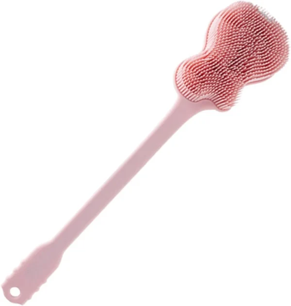 Cepillo rosa para el cuerpo de ducha con cerdas de silicona y mango largo para alcanzar la espalda.