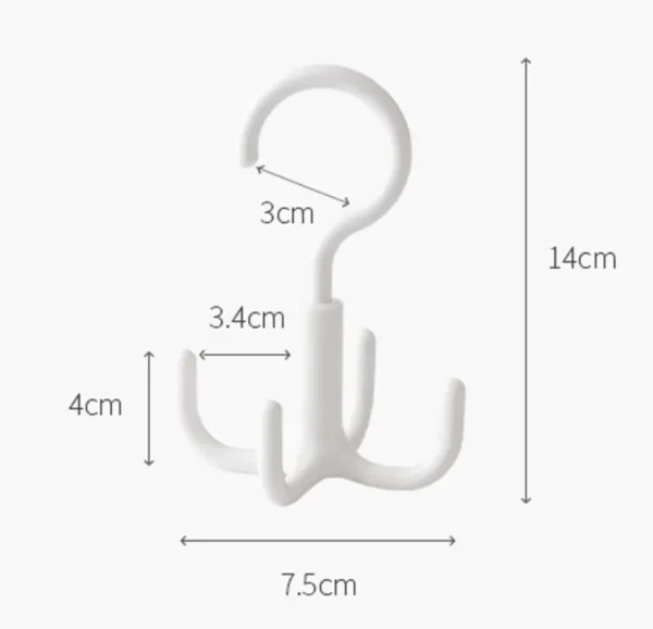 Gancho multifuncional giratorio blanco de 3 puntas, ideal para organizar bolsos y accesorios.