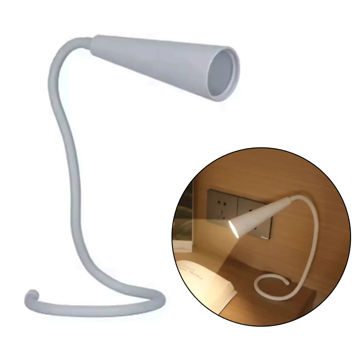 Lámpara de lectura LED blanca plegable de cuello de cisne, ideal para mesa o cabecera.