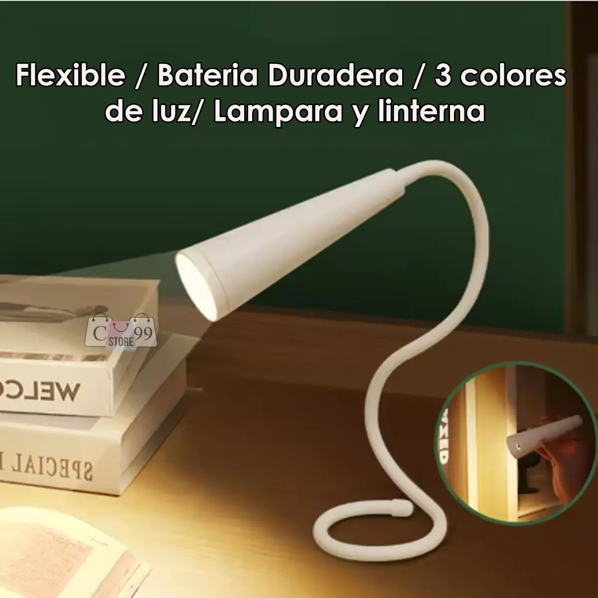 Lámpara de lectura y mesa plegable blanca con cuello flexible y luz LED, ideal para trabajos nocturnos.