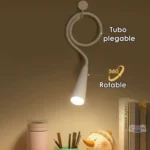 Lámpara de lectura y mesa plegable blanca con tubo flexible y rotación de 360 grados.