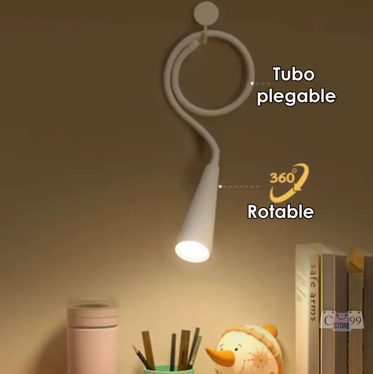 Lámpara de lectura y mesa plegable blanca con tubo flexible y rotación de 360 grados.