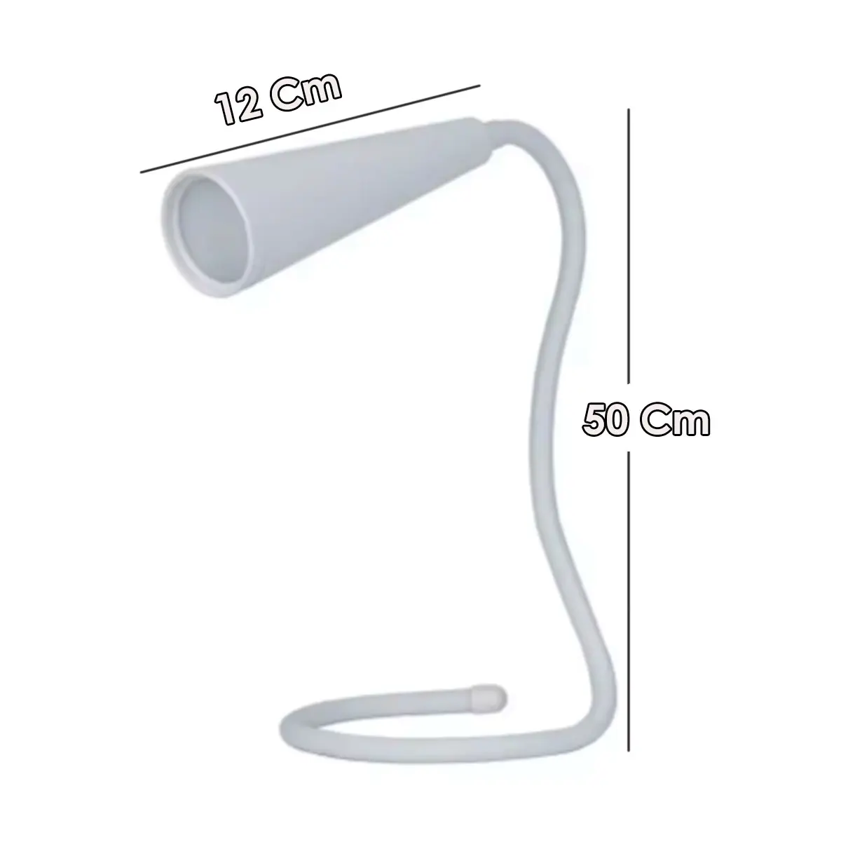 Lámpara de lectura y mesa plegable blanca con medidas de 12 cm y 50 cm.