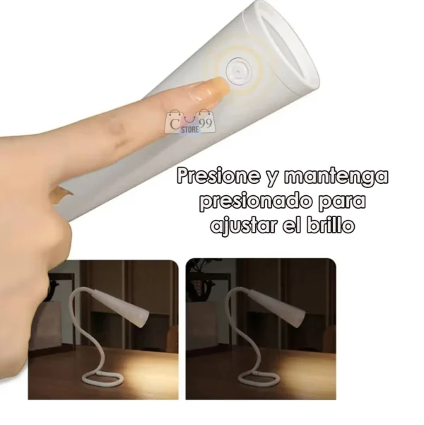 Lámpara de lectura y mesa plegable con ajuste de brillo.