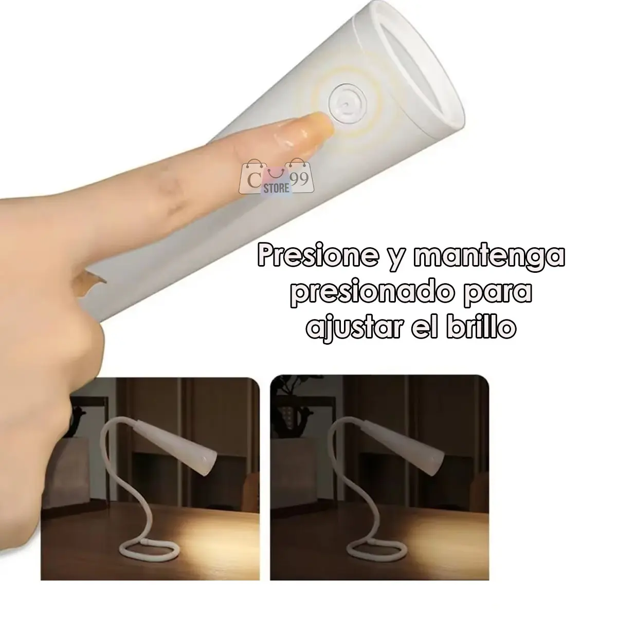 Lámpara de lectura y mesa plegable con ajuste de brillo.
