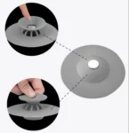 Tapón de drenaje de silicona gris para fregadero, muestra cómo usarlo.