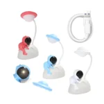 Lámpara astronauta en luna con UFO, ideal escritorio, 3 colores, cable USB.