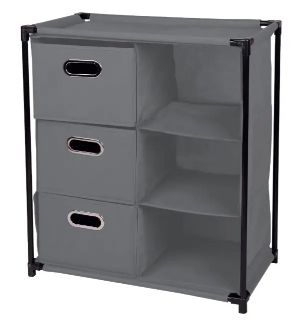Estante organizador gris con 6 cajas, ideal para almacenamiento en el hogar.
