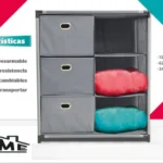 Estante organizador gris con 6 cajas de tela, ideal para guardar objetos en casa.