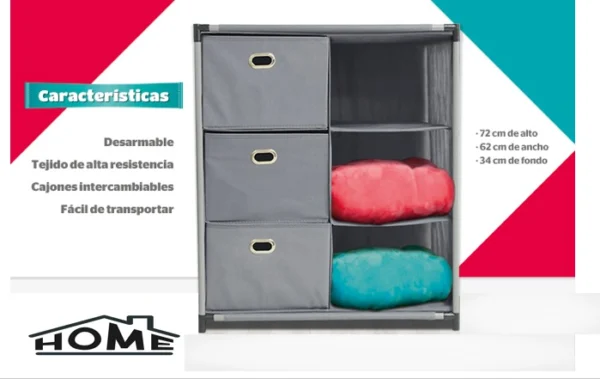 Estante organizador gris con 6 cajas de tela, ideal para guardar objetos en casa.