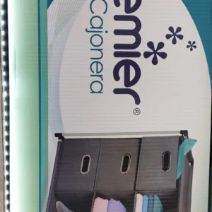 Estante Armoir Gris Claro con 6 cajas organizadoras, exhibe ropa doblada y zapatos.