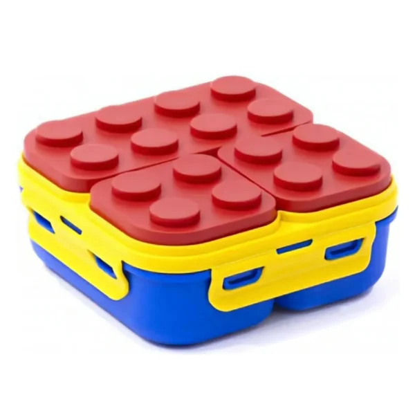Lonchera tipo Lego de Coca-Cola para niños, azul y amarilla, con tapa roja.