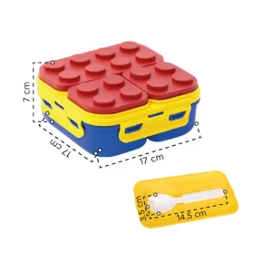 Lonchera infantil tipo Lego, color azul, rojo y amarillo, con cubiertos.