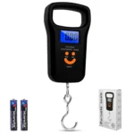 Balanza digital de equipaje Handa con gancho, pantalla LCD azul, dos baterías AAA.