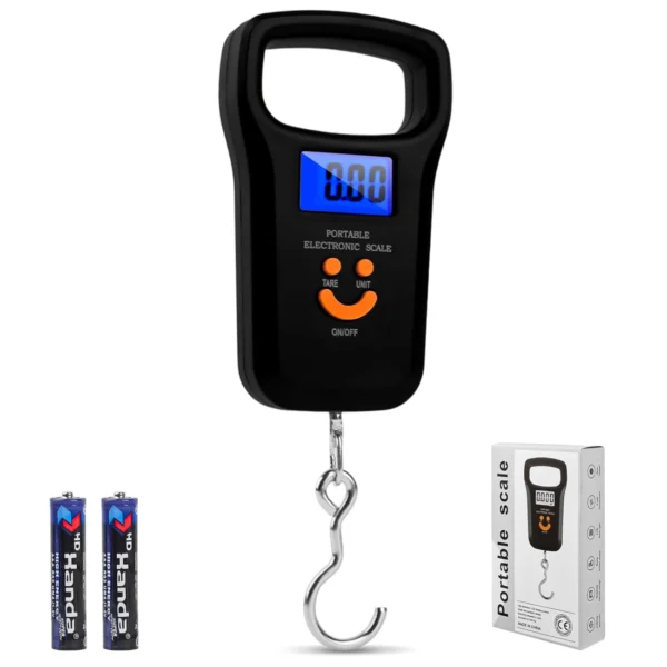 Balanza digital de equipaje Handa con gancho, pantalla LCD azul, dos baterías AAA.