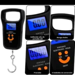 Balanza digital de equipaje portátil con gancho y pantalla LED azul, ideal para medir peso.
