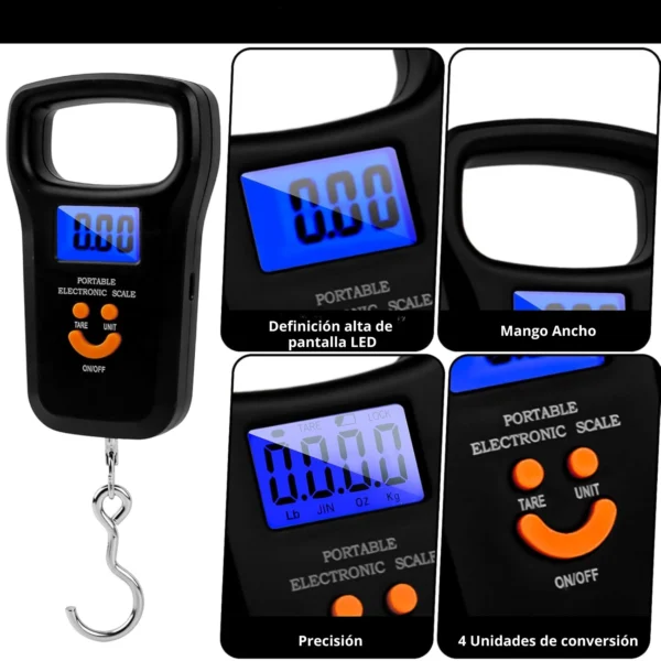 Balanza digital de equipaje portátil con gancho y pantalla LED azul, ideal para medir peso.