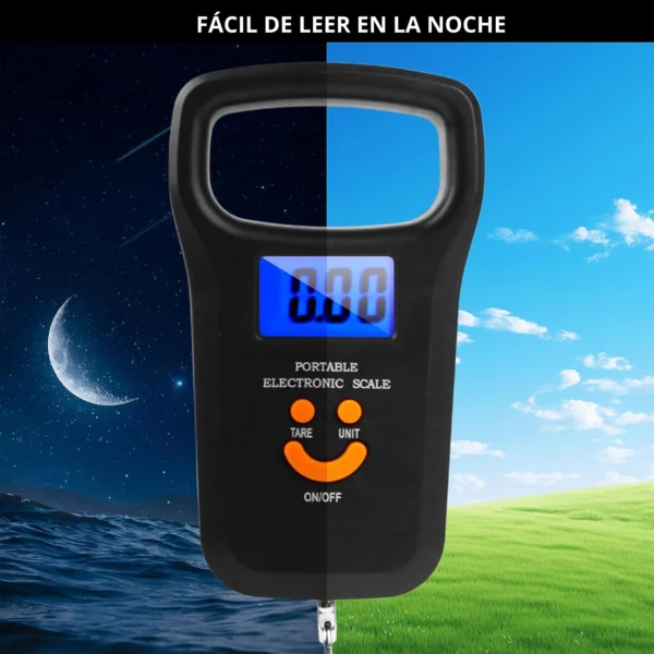 Balanza digital de equipaje con gancho, pantalla iluminada para fácil lectura día y noche.