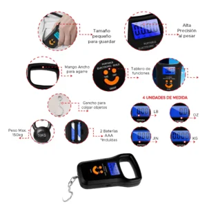 Balanza digital de equipaje portátil con gancho, pantalla LCD y 4 unidades de medida.