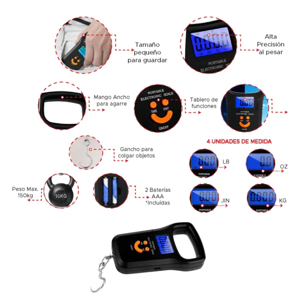 Balanza digital de equipaje portátil con gancho, pantalla LCD y 4 unidades de medida.