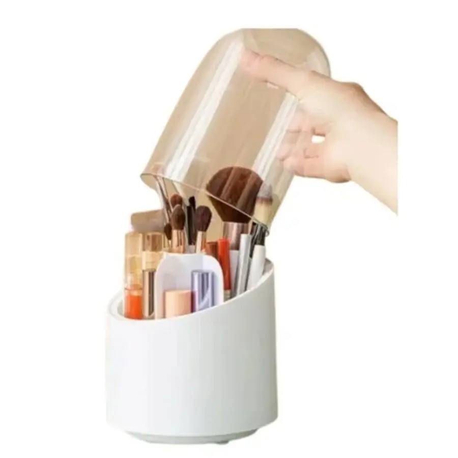 Organizador de maquillaje blanco con tapa transparente, guarda brochas y cosméticos.