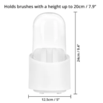 Organizador de maquillaje blanco con tapa transparente, mide 24cm de alto y 12.5cm de ancho.