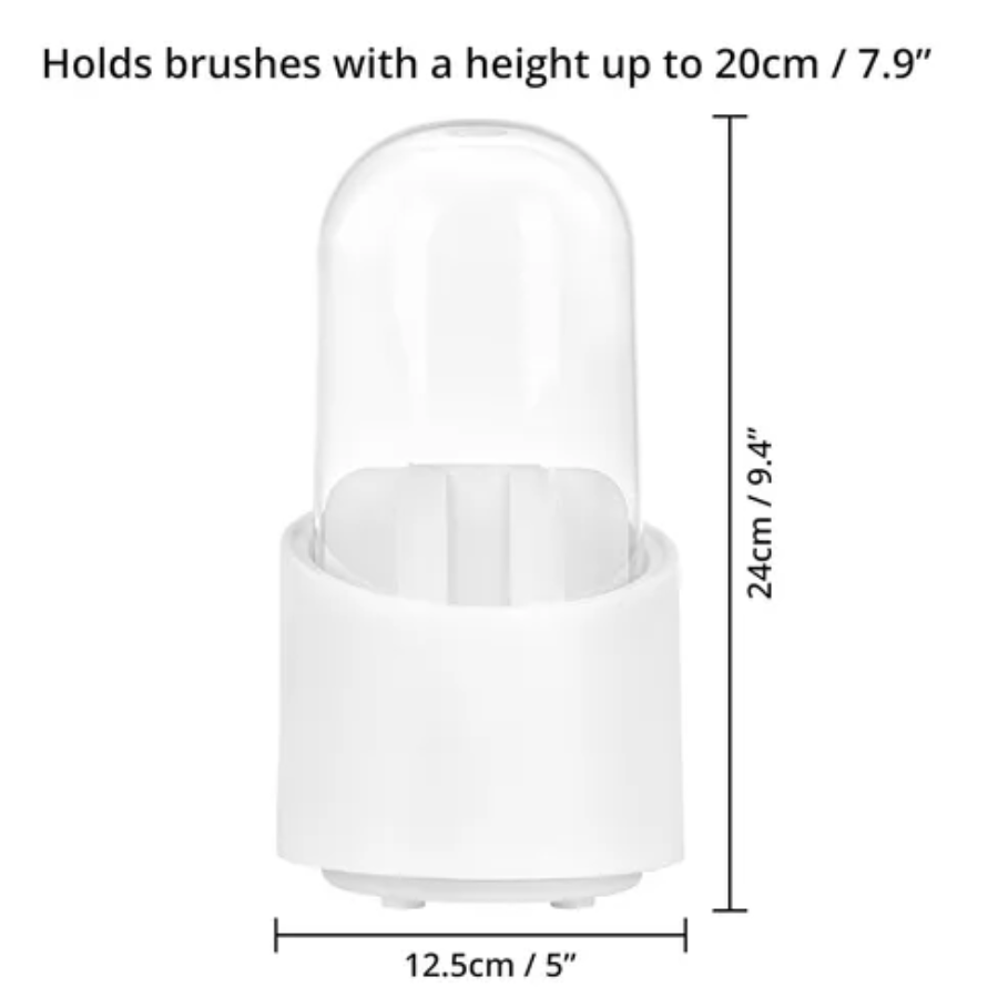 Organizador de maquillaje blanco con tapa transparente, mide 24cm de alto y 12.5cm de ancho.