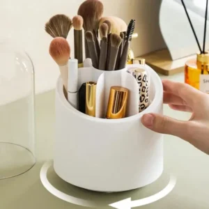 Organizador de maquillaje giratorio con tapa, ideal para brochas, labiales y cosméticos.