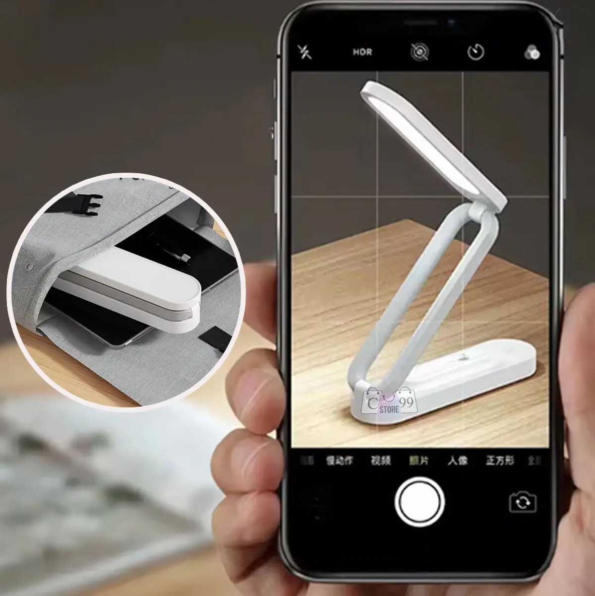 Lámpara de escritorio plegable portátil, luz LED blanca en bolso gris, tomada con celular.