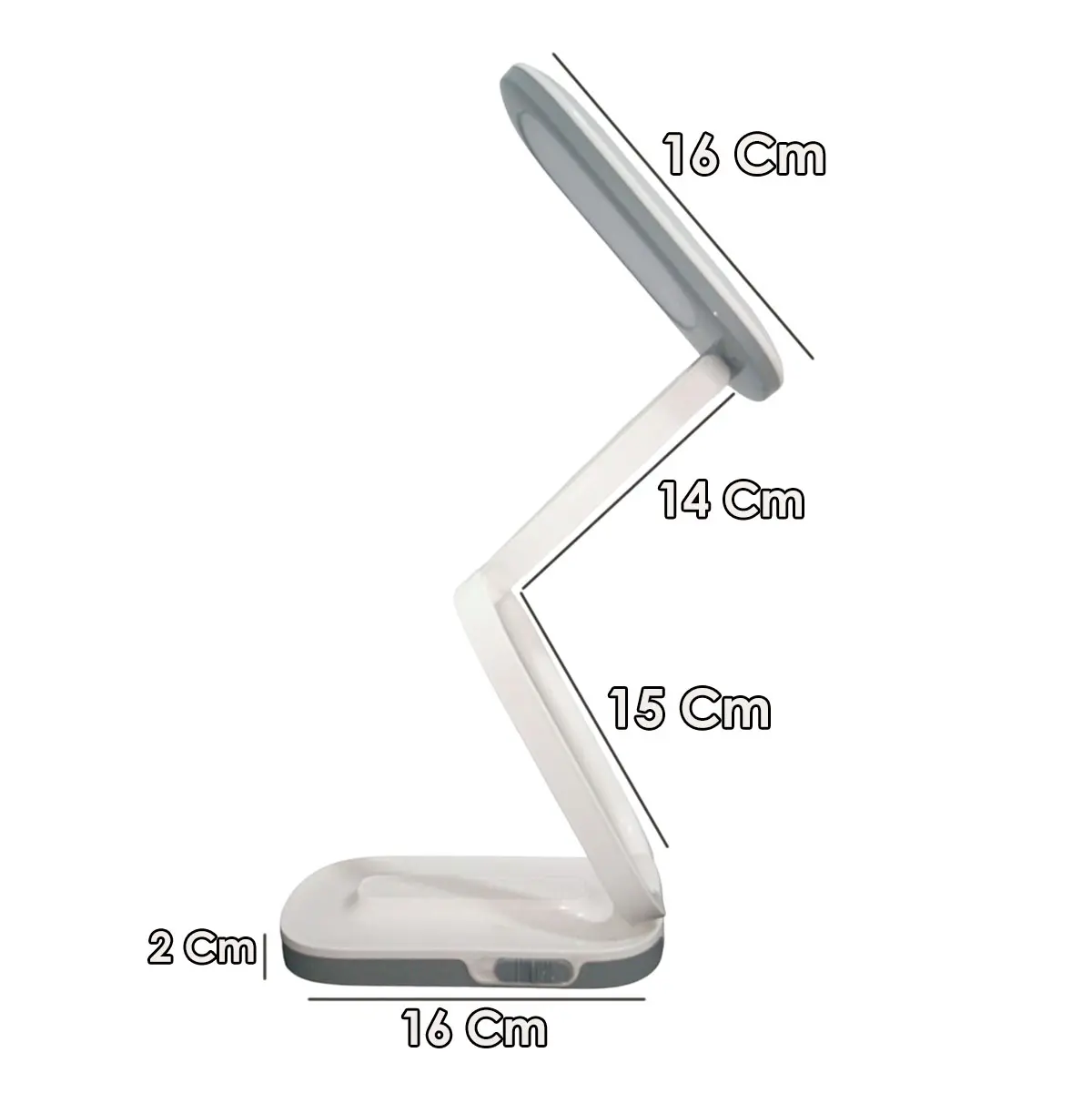 Lámpara de escritorio plegable portátil, 16 cm de largo, base de 2 cm de alto.