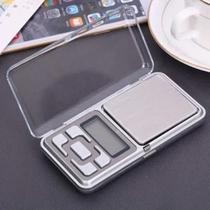 Gramera Mini Zo plateada con pantalla digital y tapa transparente, ideal para pesar pequeñas cantidades.