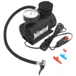 Compresor de aire portátil 197 PSI para vehículo con manguera, manómetro y adaptadores.