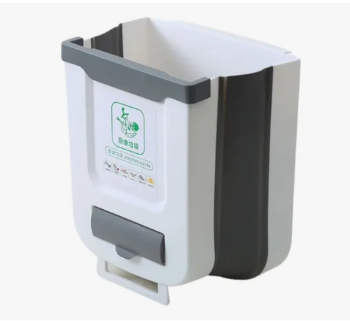 Papelera colgante para cocina blanca, con compartimento y símbolo de reciclaje.