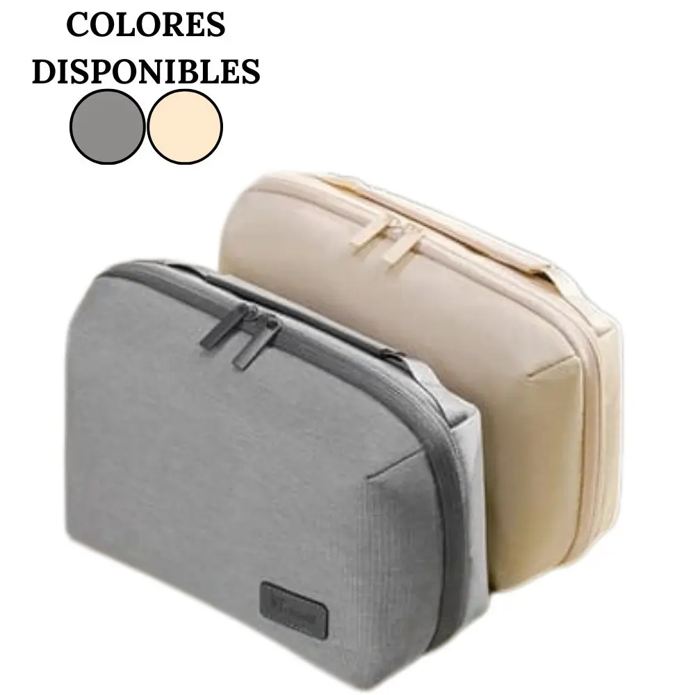 Cosmetiquera organizador de viaje beige y gris, bolsa práctica para artículos personales.