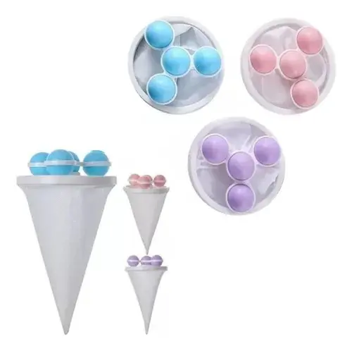 Filtro para lavadora X3 con bolas removedoras de pelusas en azul, rosa y morado.