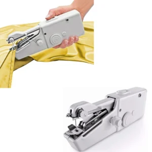 Máquina de coser manual portátil blanca, ideal para reparaciones rápidas de ropa y telas.