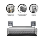 Estante de alambre metálico negro para pared, ideal para cosméticos, con adhesivo incluido.