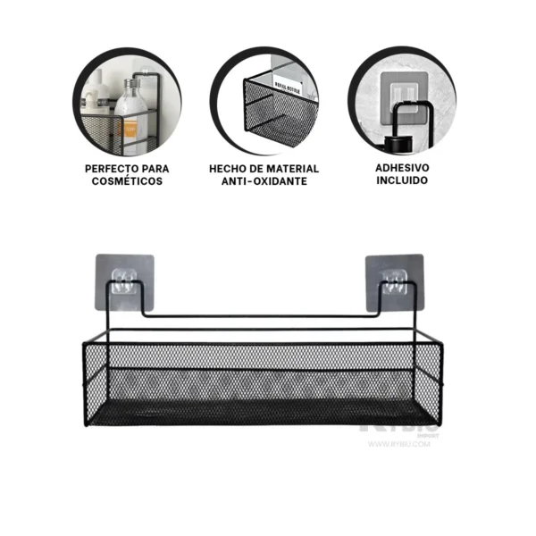 Estante de alambre metálico negro para pared, ideal para cosméticos, con adhesivo incluido.