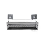 Estante de alambre metálico negro para colgar en pared con ganchos adhesivos, organizador de ducha o cocina.