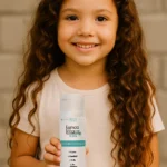 Niña sonriente con acondicionador Esencia Mágica Kids para cabello fuerte y suave.