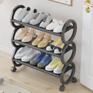 Estante para zapatos con ruedas, 4 niveles, organiza calzado blanco, beige, amarillo y azul.