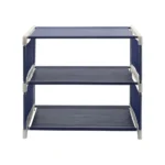 Organizador de zapatos de 3 niveles en tela azul con estructura blanca.