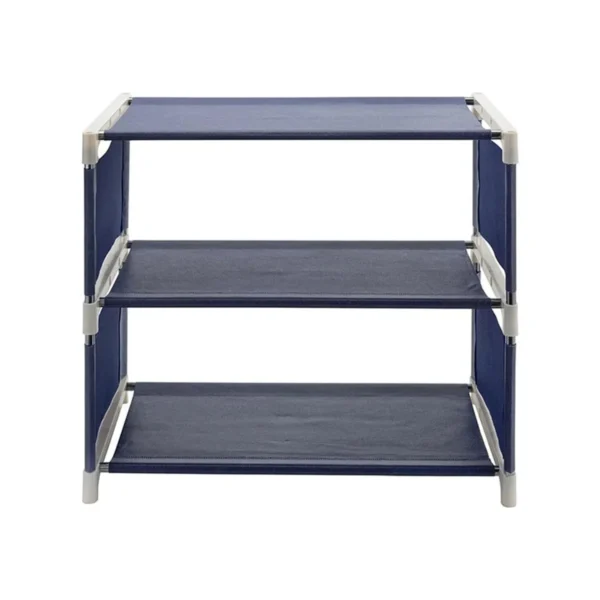 Organizador de zapatos de 3 niveles en tela azul con estructura blanca.
